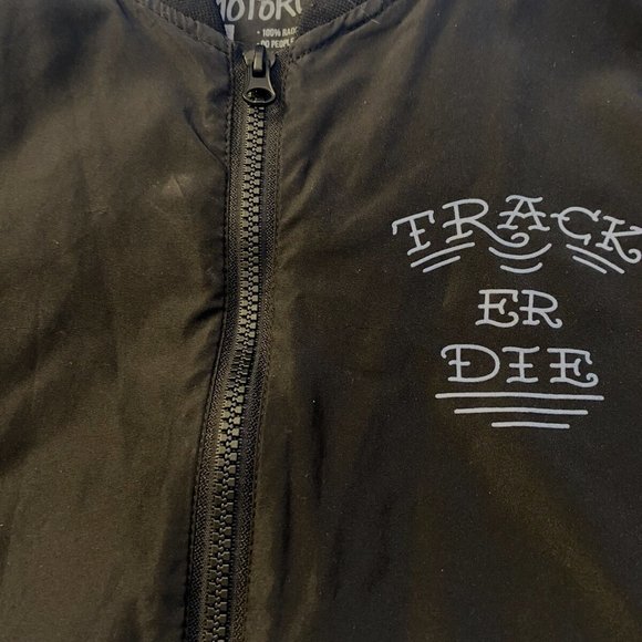 TRACKERDIE MOTORCYCLES WINDBREAKER JACKET BLACK / WHITE TIRE & CHAIN MED B7-14 - Picture 2 of 6